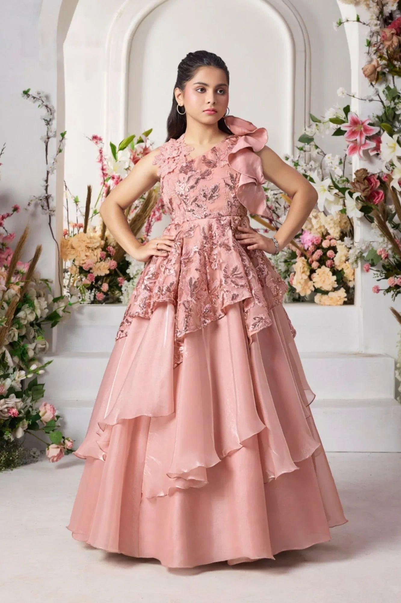 Peach Layered Gown with Ruffled Shoulder and Sequin Embroidery For Girls