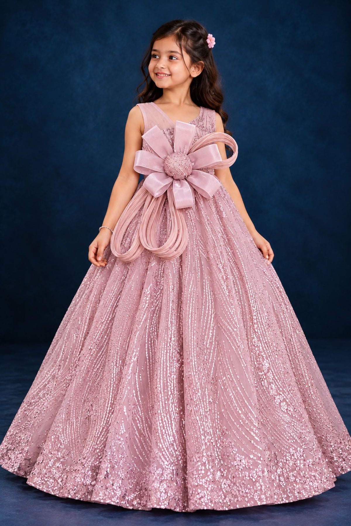 Girls Blush Pink Sequin Bow Party Wear Gown