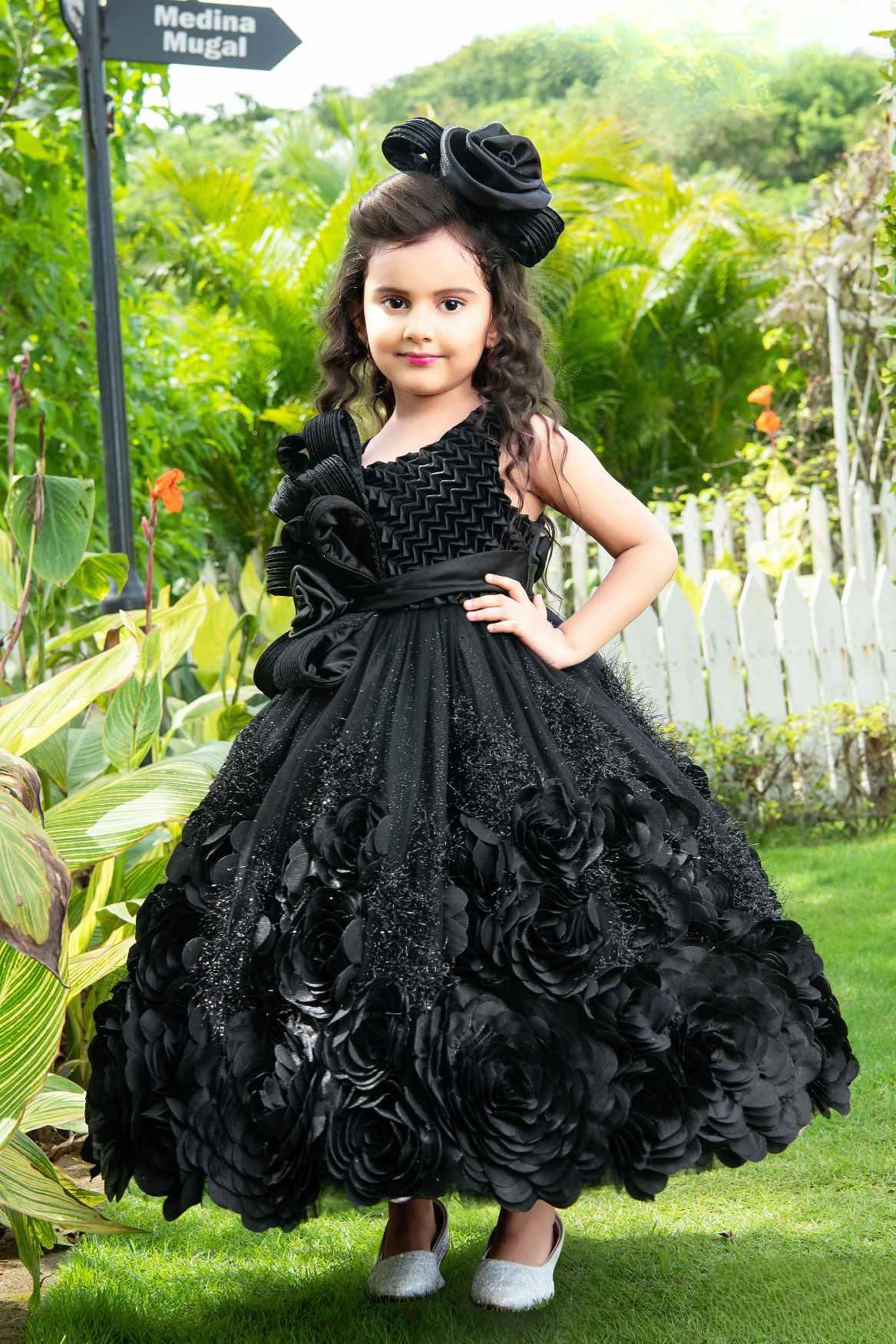 Designer Black Satin Gown With Embellished Flowers For Girls - Lagorii Kids