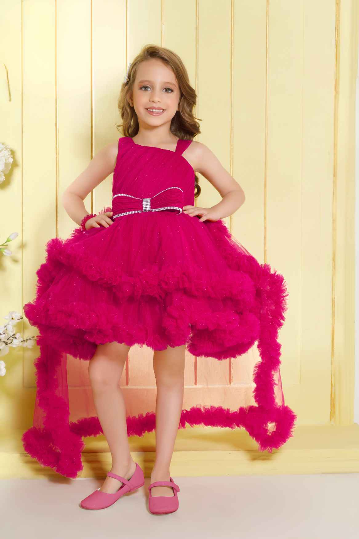 Raspberry Pink Ruffle Party Frock With Bow Embellishment For Girls