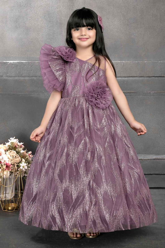 Wine Shimmer Designer Party Gown With Floral Embellishments For Girls