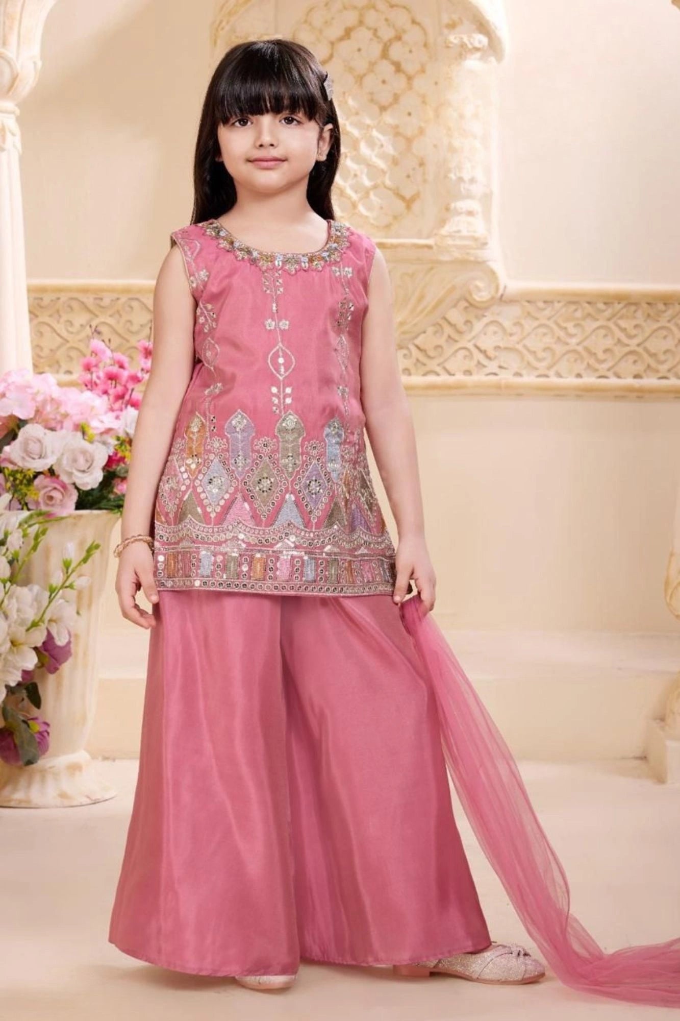 Rose Pink Embroidered Palazzo Set for Girls