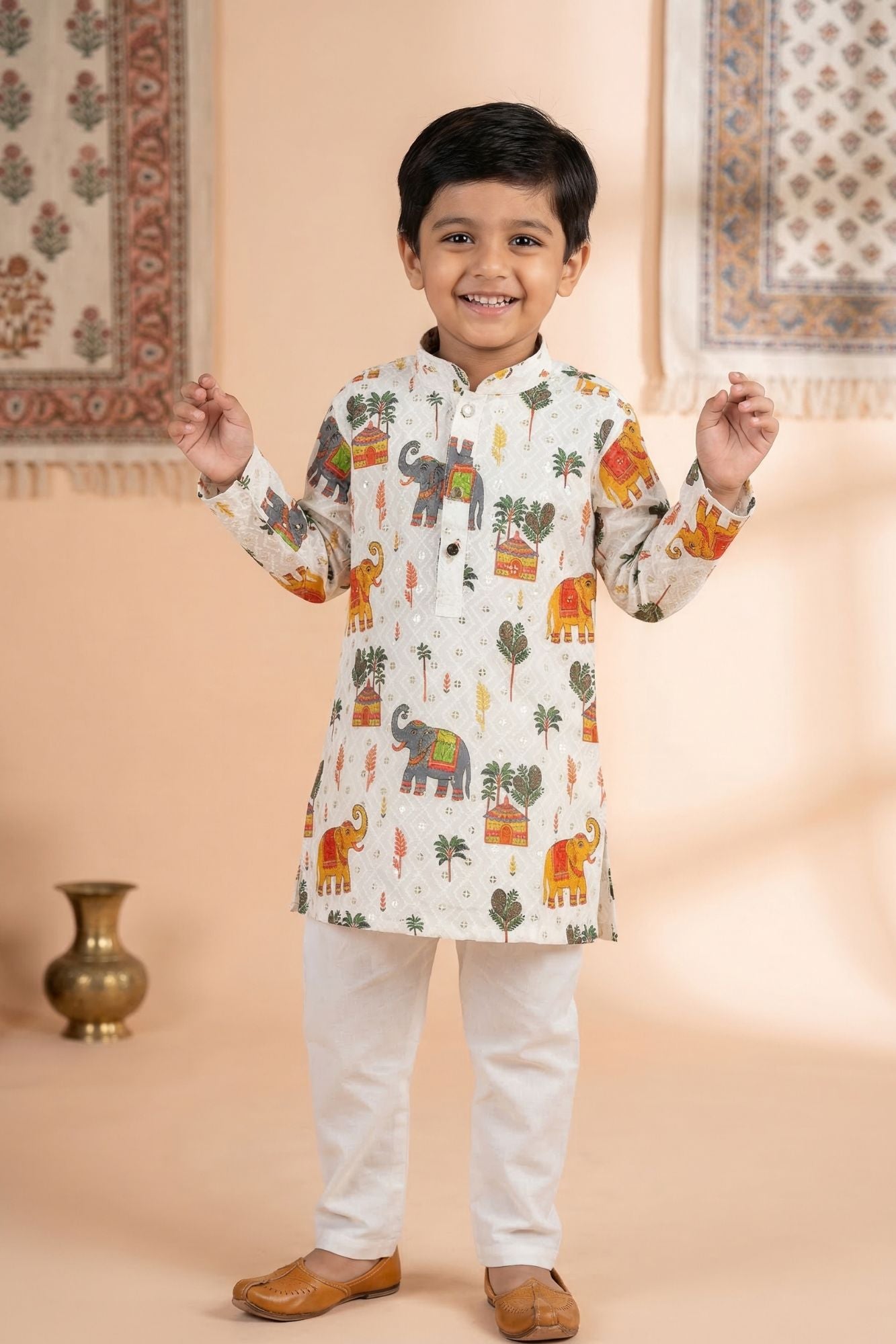 White Printed Kurta Pyjama Set with Elephant Motifs For Boys