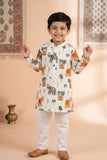 White Printed Kurta Pyjama Set with Elephant Motifs For Boys