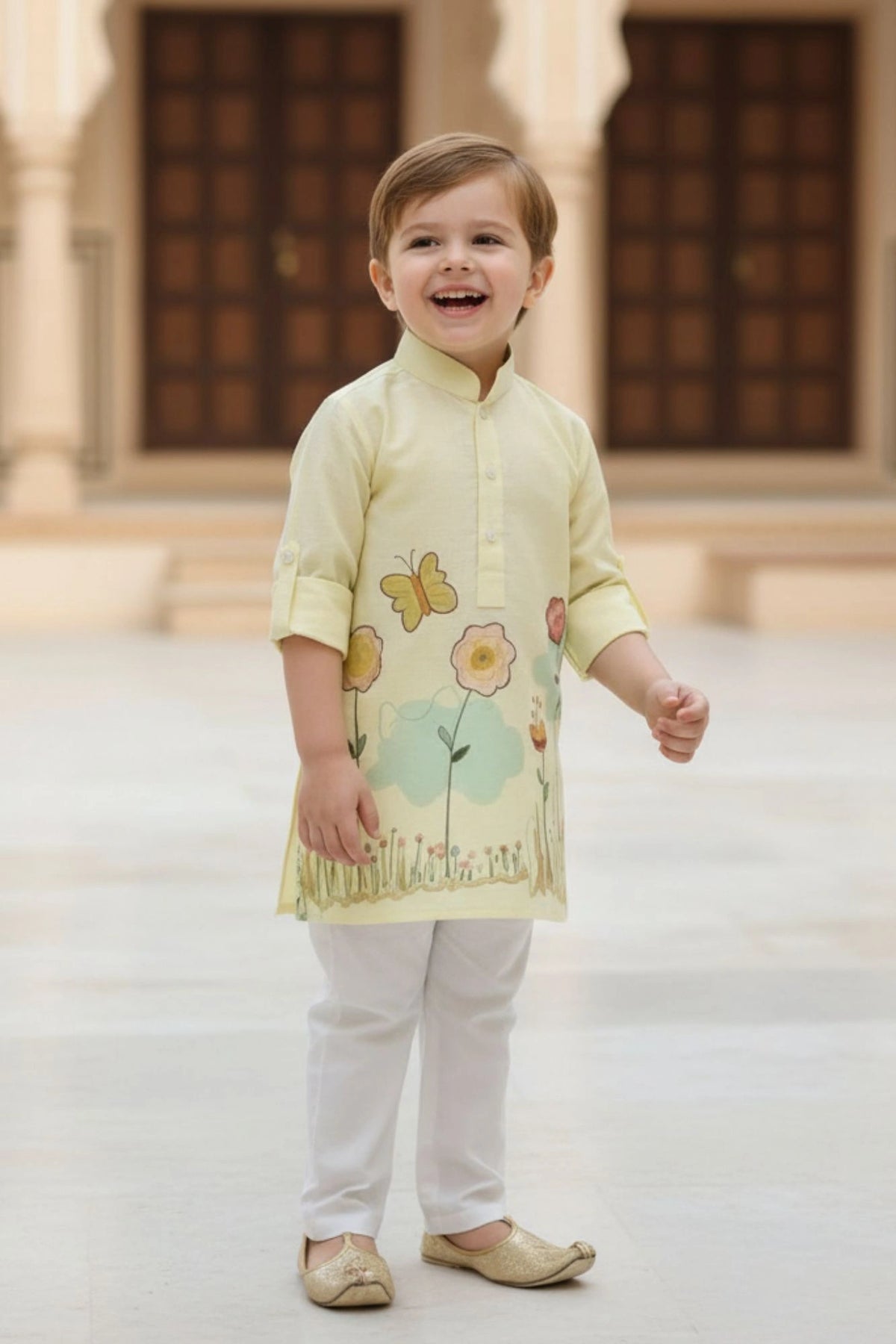Pastel Yellow Floral Print Kurta with White Pajama For Boys