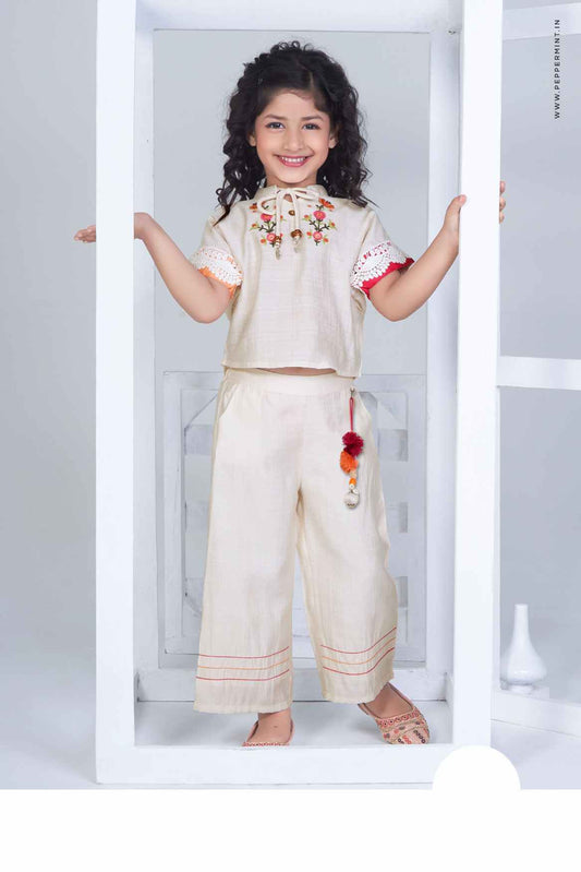 Stylish Beige Co Ord Set With Embroidery For Girls