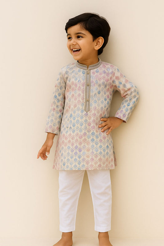 Cream Kurta Set With Multicolor Thread Work For Boys