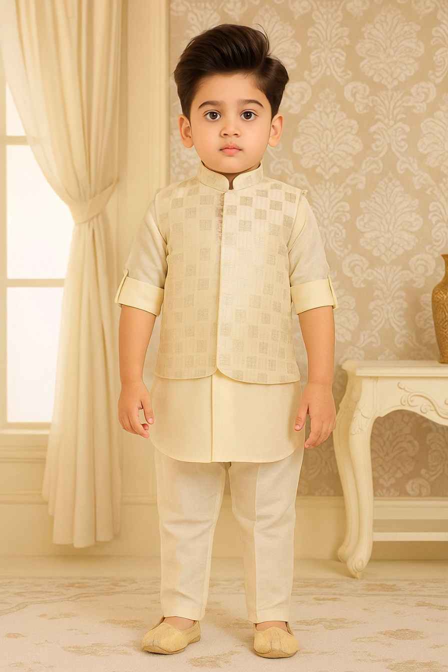 Cream Kurta Set With Sequins Embroidered Waistcoat For Boys