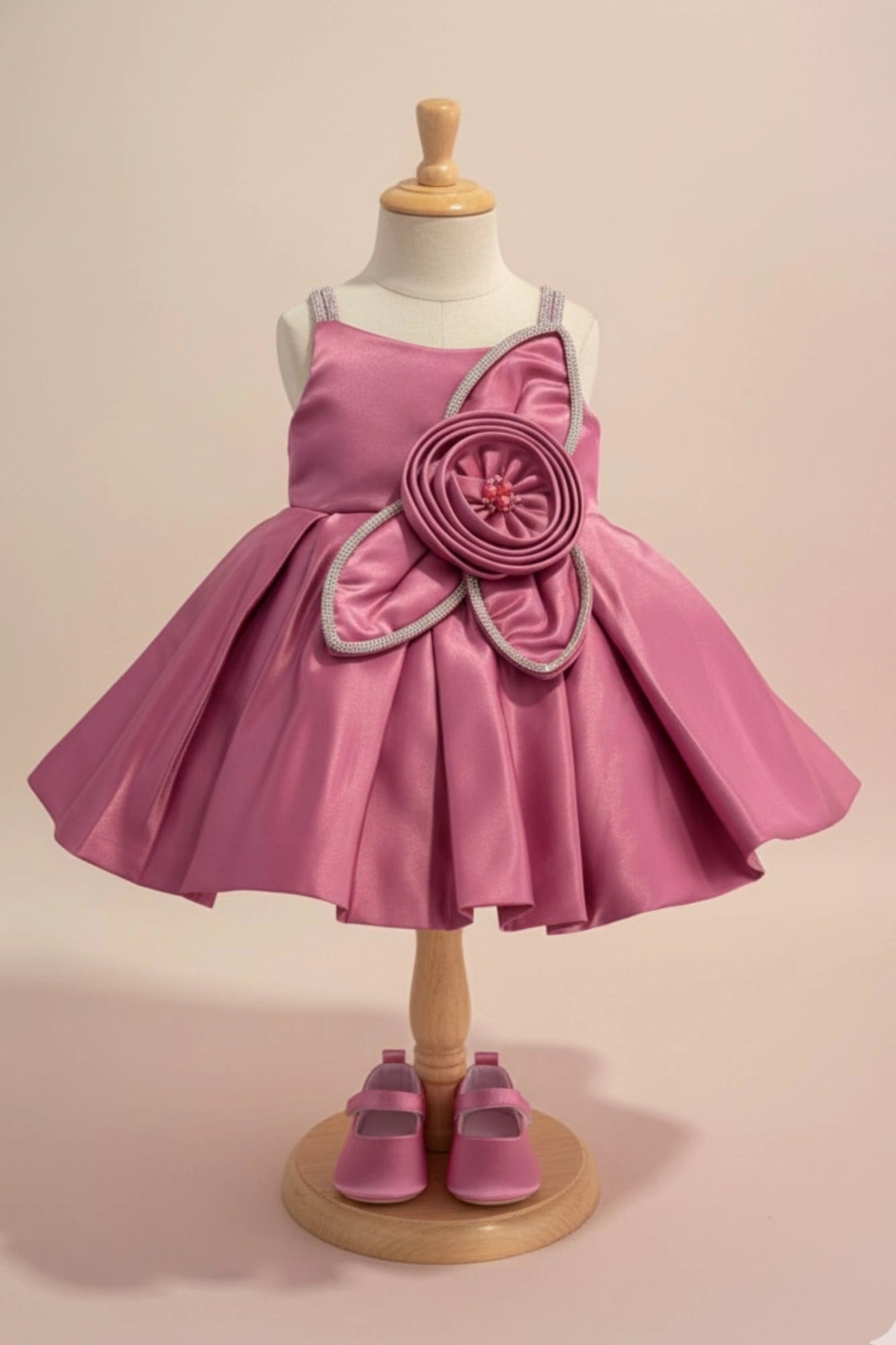 Pink Party Frock with Floral Rosette and Embellished Strap Detailing For Girls