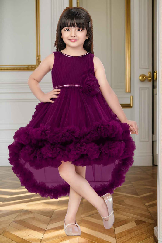 Wine Net Multilayer With Ruffle And Floral Embellished Frock For Girls