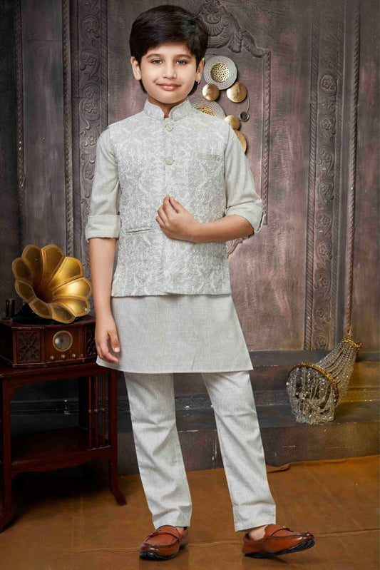 Cream Embroidered Waist Coat With Kurta And Pant Set For Boys