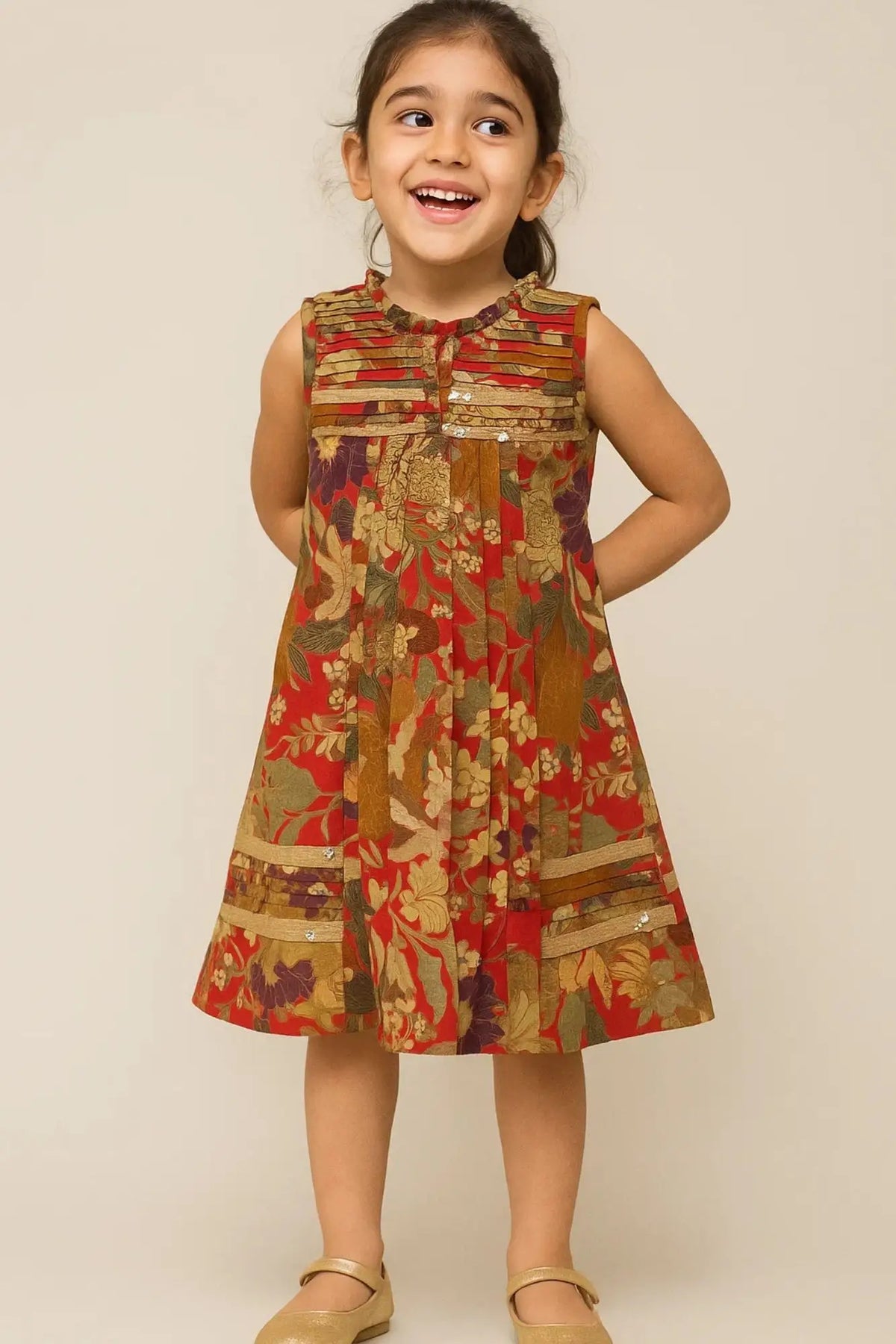 Red Multicolor Pleated Sequins Embroidered Floral Dress For Girls