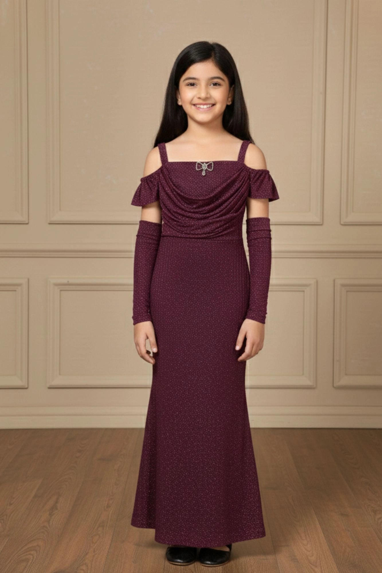 Maroon Glitter Cold-Shoulder Mermaid Gown with Matching Arm Sleeves For Girls