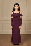 Maroon Glitter Cold-Shoulder Mermaid Gown with Matching Arm Sleeves For Girls