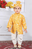 Yellow Full Sleeves Bandhani Printed Kurta Set For Boys
