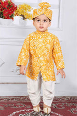 Yellow Full Sleeves Bandhani Printed Kurta Set For Boys