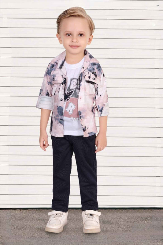 Peach and Black Printed Jacket and Pant with White T-shirt Set for Boys