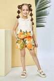 Cream Top And Citrus Fruit Print Shorts Summer Set For Girls