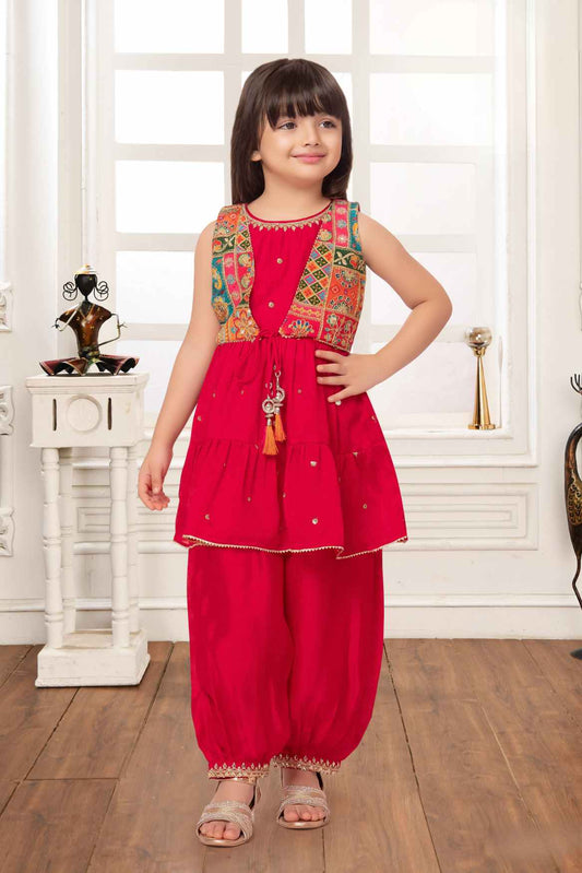 Rani Pink Sequins Work Dhoti Set With Zari Work Overcoat For Girls