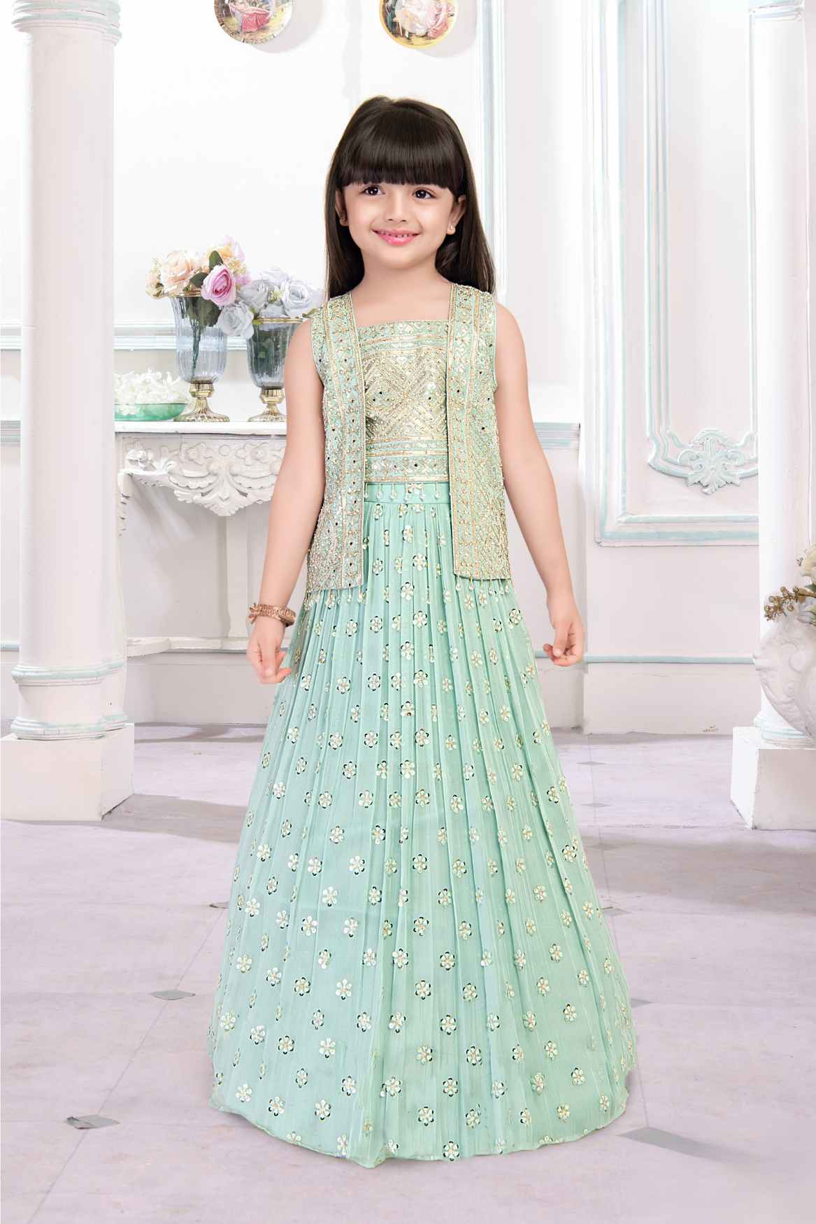 Sea Green Mirror And Bead Work With Sequins Embroidery Lehenga Choli With Overcoat For Girls