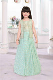 Sea Green Mirror And Bead Work With Sequins Embroidery Lehenga Choli With Overcoat For Girls