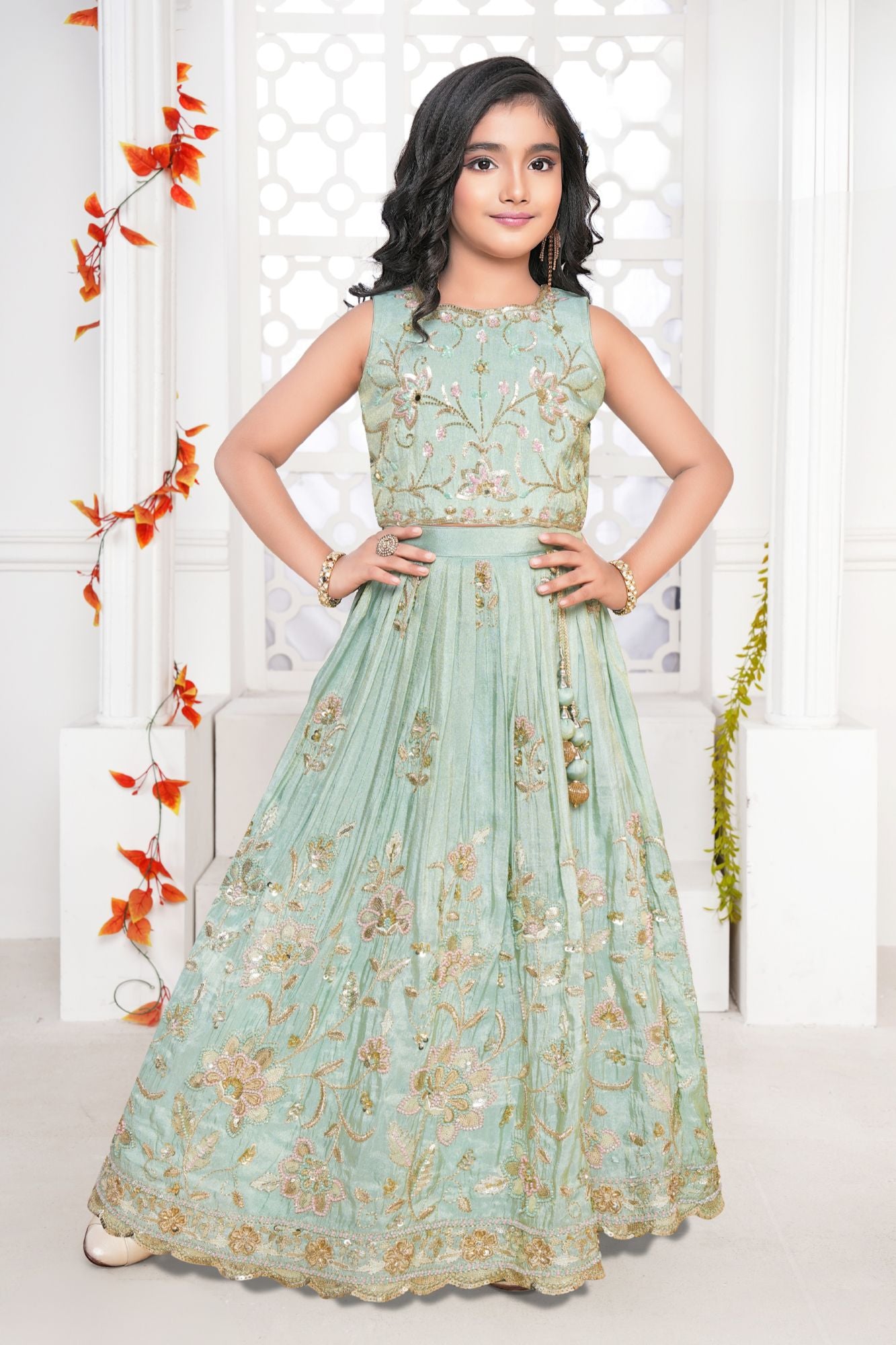 Mint Green Embroidered Lehenga Choli Set With Floral Detailing For Girls