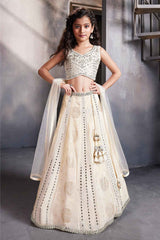 Cream Mirror Work And Embroidered With Bead Work Lehenga Choli For Girls