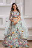 Aqua Blue 3D Floral Threadwork Lehenga Choli Set with Net Dupatta For Girls