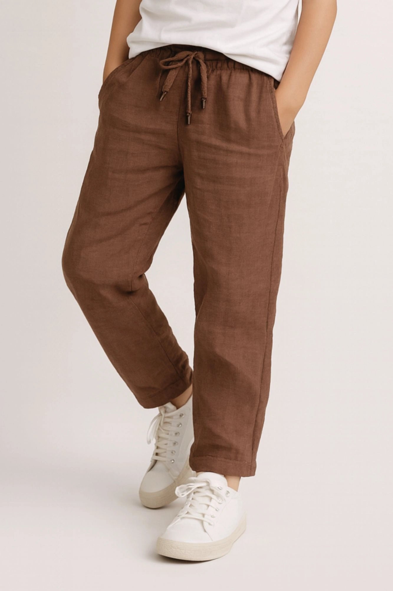 Brown Linen Straight-Fit Pants with Elastic Waist For Boys