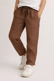 Brown Linen Straight-Fit Pants with Elastic Waist For Boys