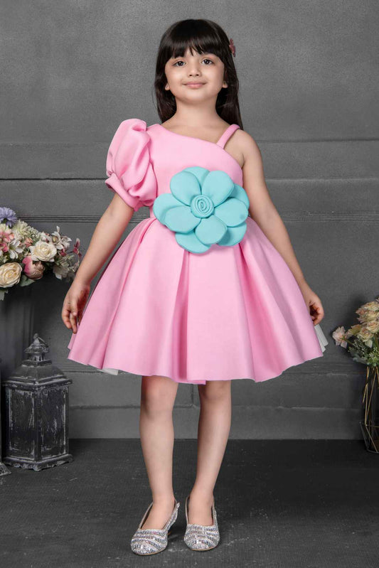 Pink Frock With Asymmetric Sleeves And Floral Embellished For Girls