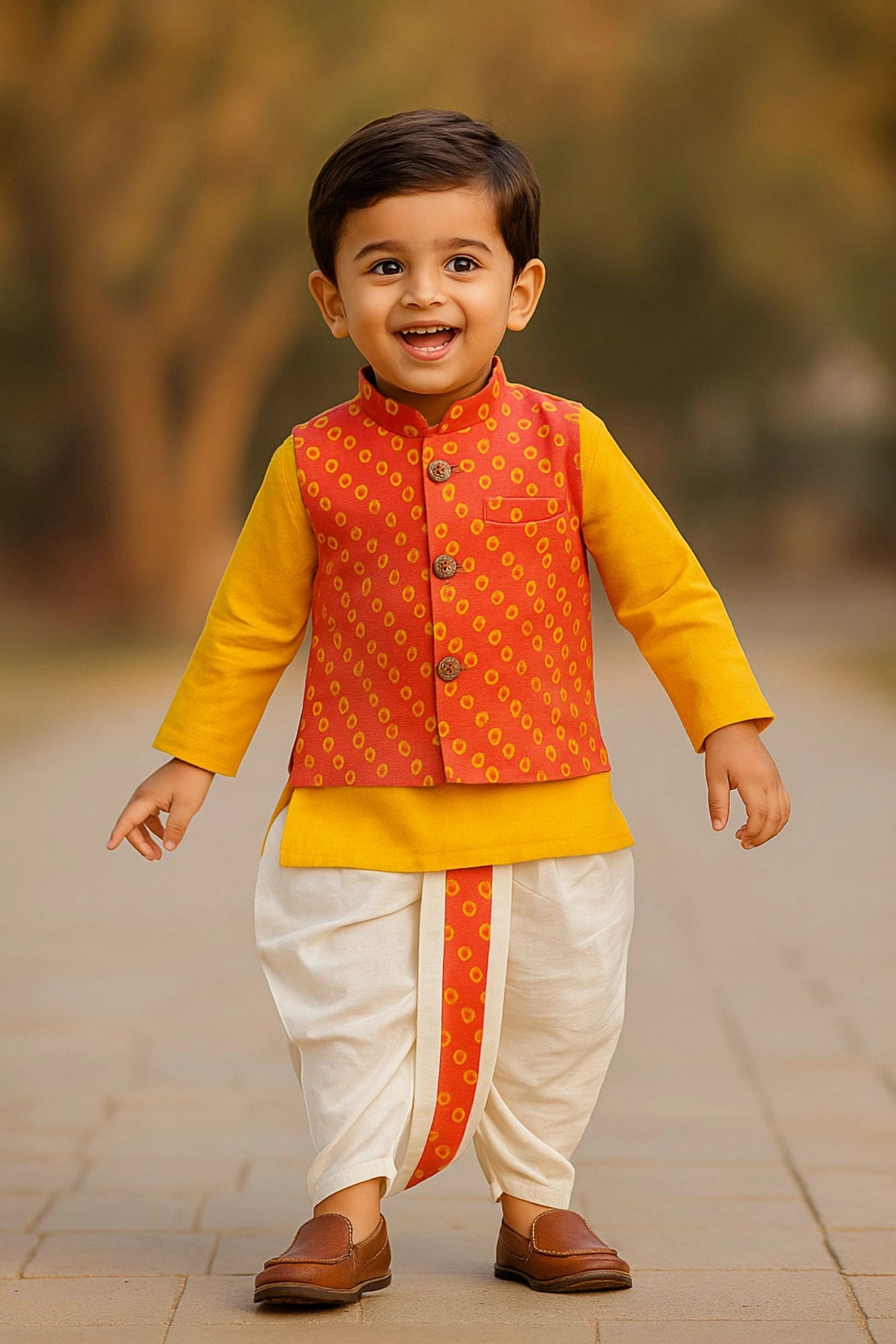 Yellow Kurta with Orange Block Printed Nehru Jacket & White Dhoti Set For Boys