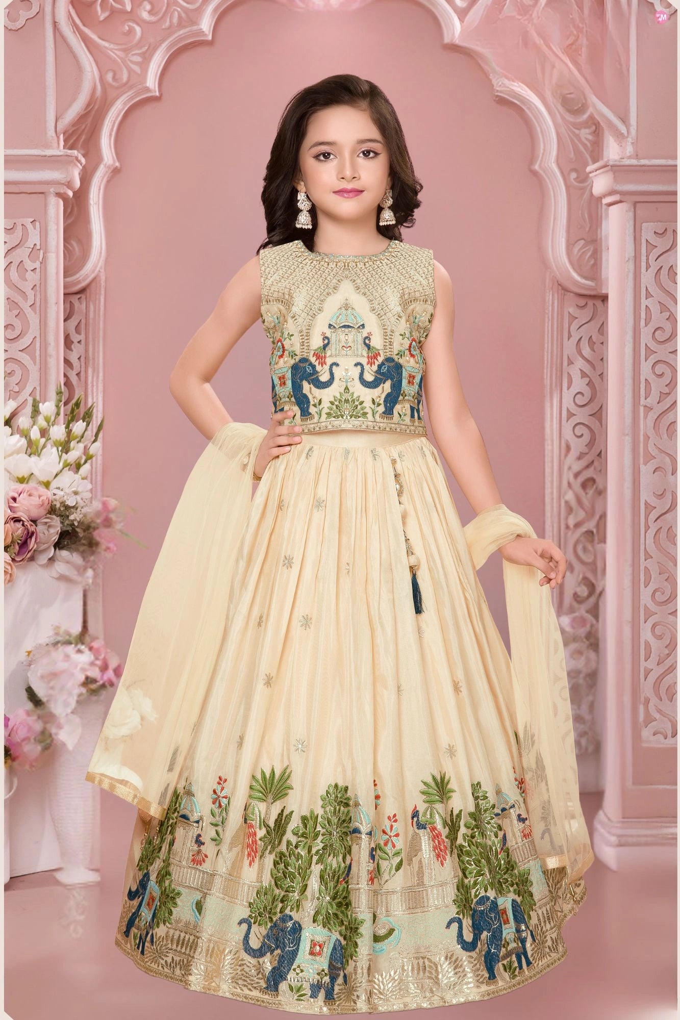 Cream Lehenga Choli Set With Elephant Embroidery And Dupatta For Girls