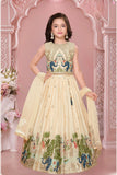 Cream Lehenga Choli Set With Elephant Embroidery And Dupatta For Girls