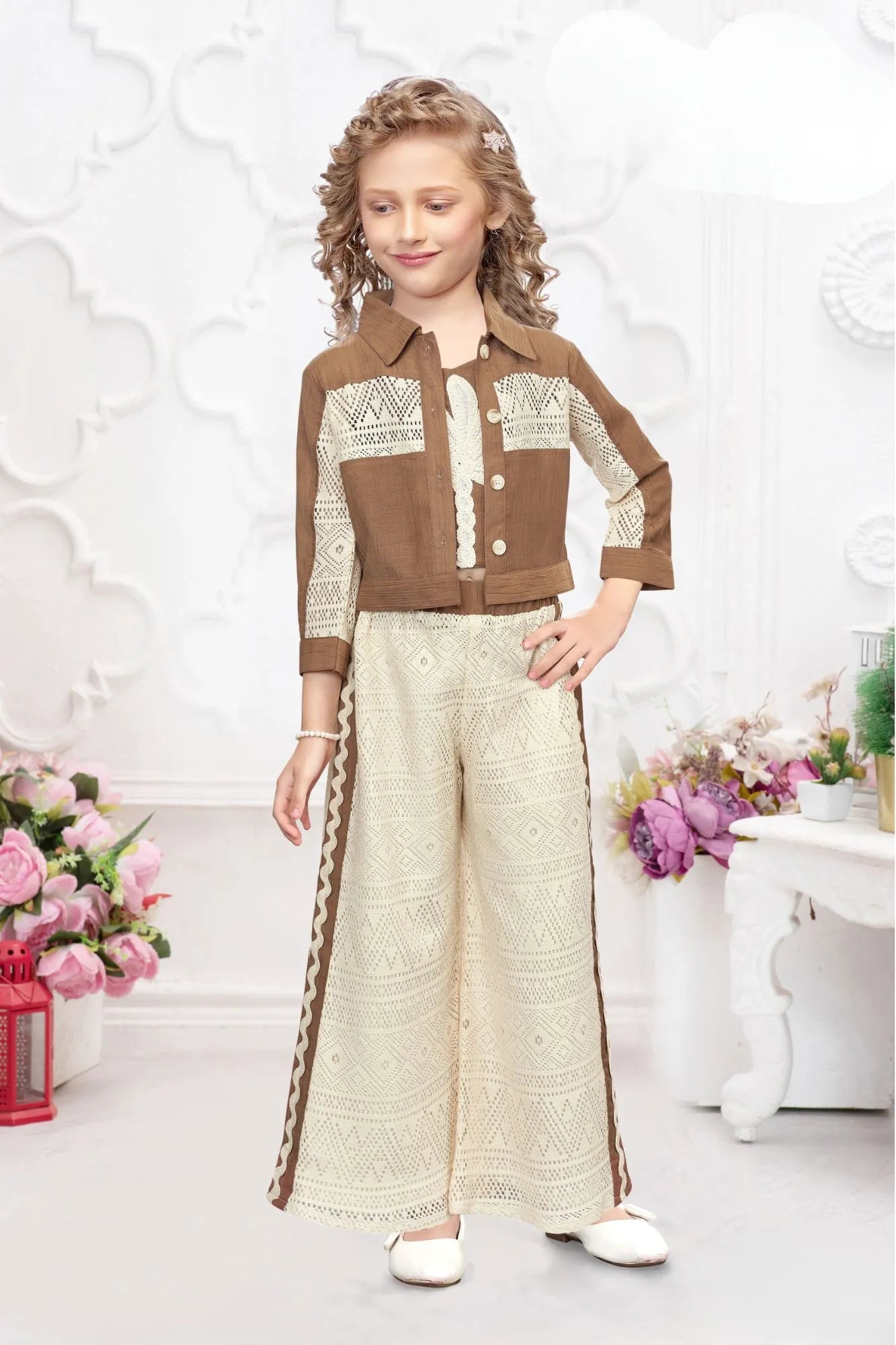 Brown And Cream Co-Ord Set with Lace Cropped Jacket For Girls