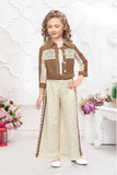 Brown And Cream Co-Ord Set with Lace Cropped Jacket For Girls