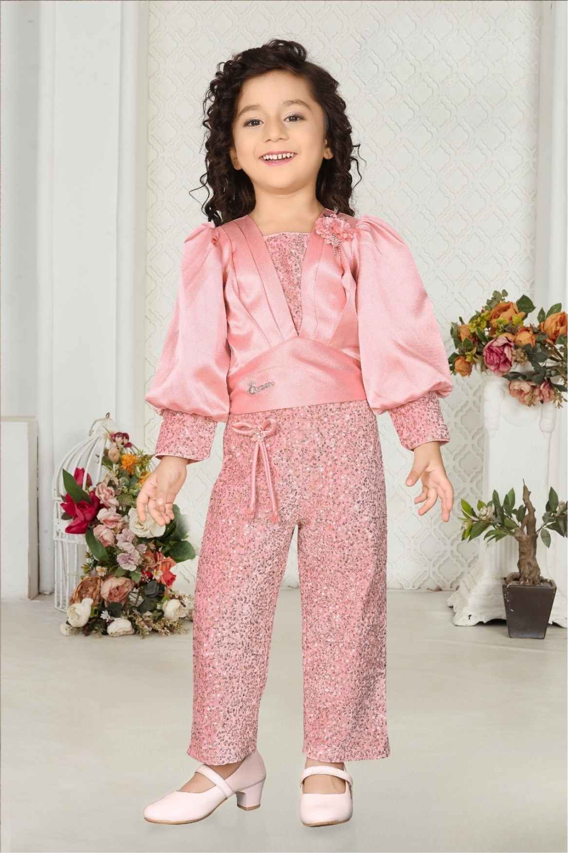 Elegant Pink Sequins Work Pant And Top Partywear Set For Girls