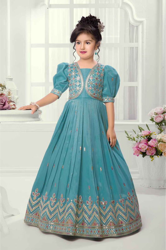 Sky Blue Sequins Worked And Zari Embroidered Ethnic Gown For Girls