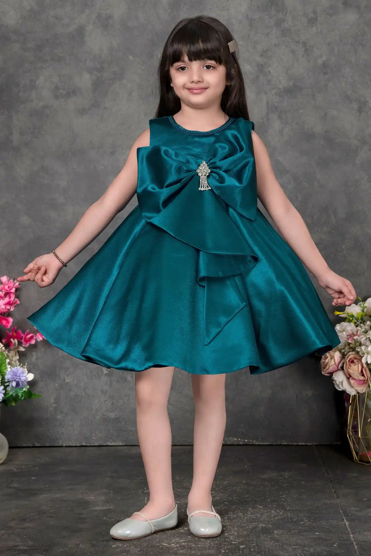 Teal Blue Party Dress with Oversized Bow And Stone Brooch For Girls