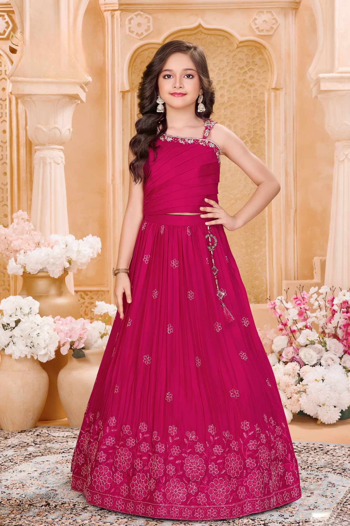 Magenta One-Shoulder Embroidered Lehenga Choli Set For Girls