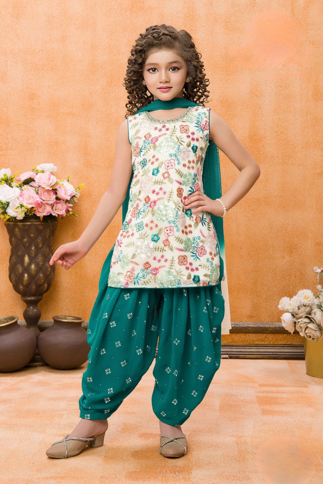 Teal Green and Cream Printed Patiala Set with Dupatta For Girls