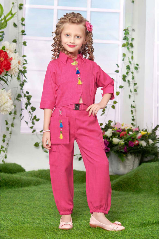 Stylish Pink Western Co Ord Set With Hip Belt For Girls