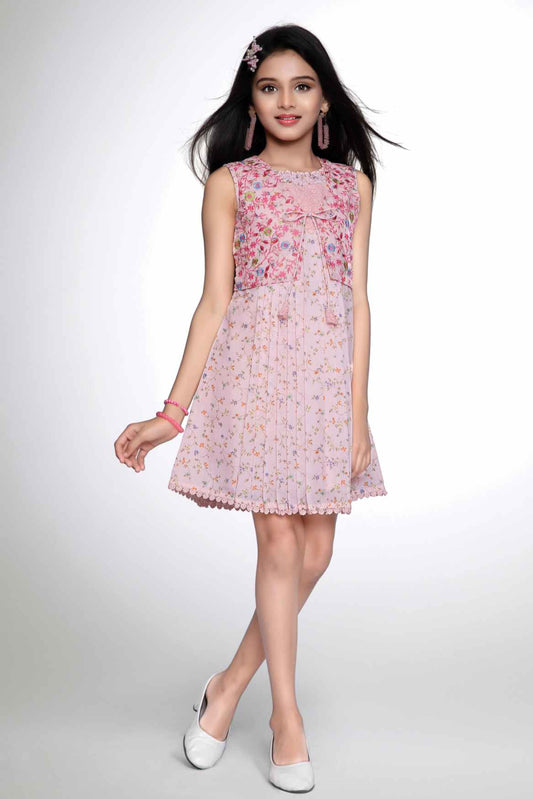 Stylish Pink Printed Sleeveless Frock With Waist Coat For Girls