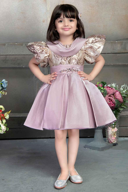 Pink Pleated Frock With Embossed Brocade Body For Girls - Lagorii Kids