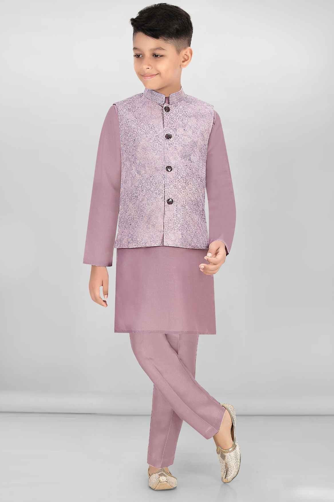 Classic Mauve Kurta Set With Bandi For Boys - Lagorii Kids