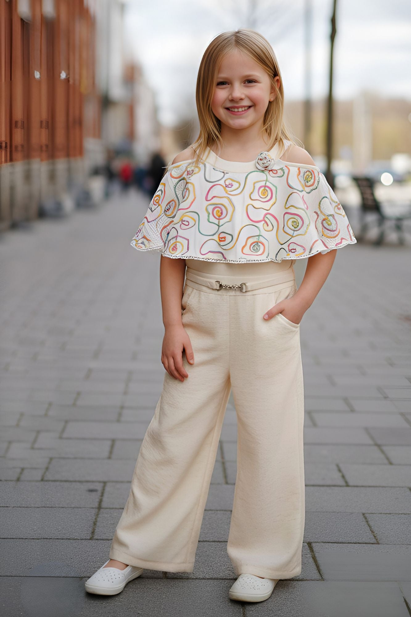 Cream Cold-Shoulder Cape Top And Pant Co-ord Set For Girls