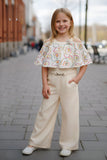 Cream Cold-Shoulder Cape Top And Pant Co-ord Set For Girls