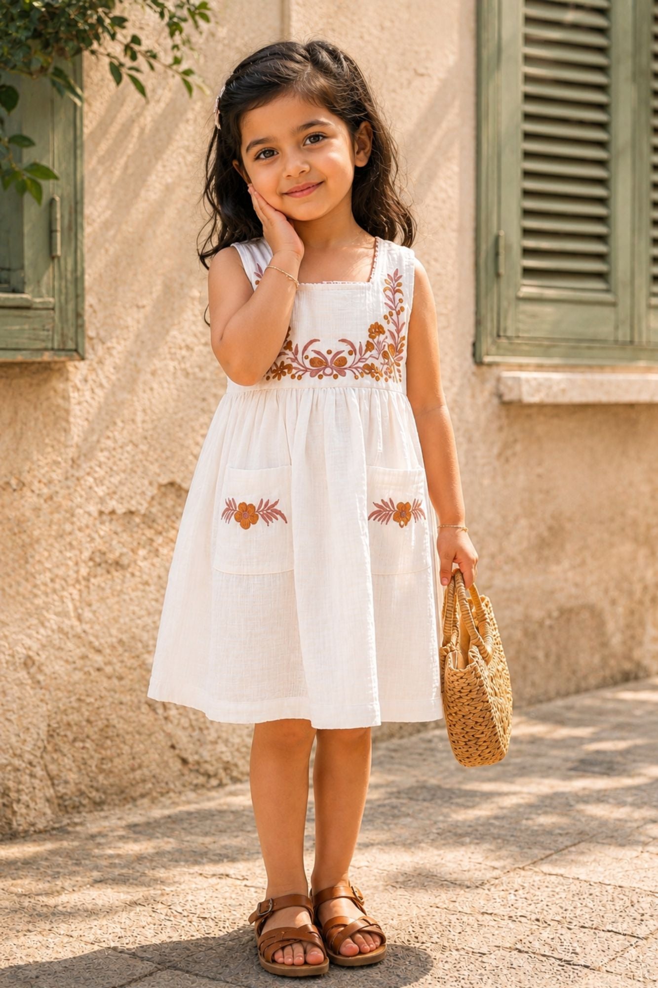 White Floral Embroidered Frock with Pockets