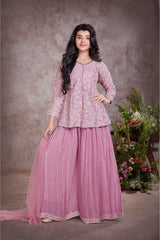 Pink Full Sleeves And Sequin Embroidered Palazzo Set For Girls