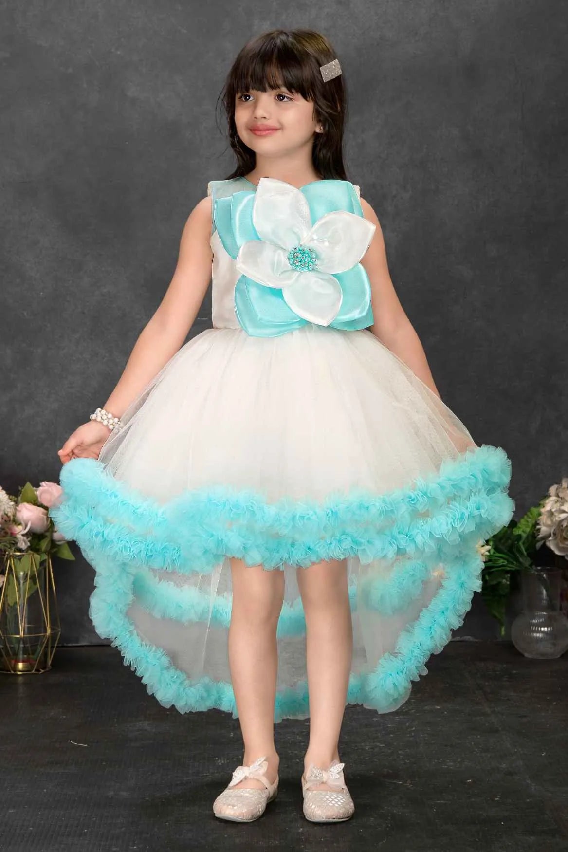 Off-White and Blue High-Low Party Frock with 3D Flower Appliqué For Girls